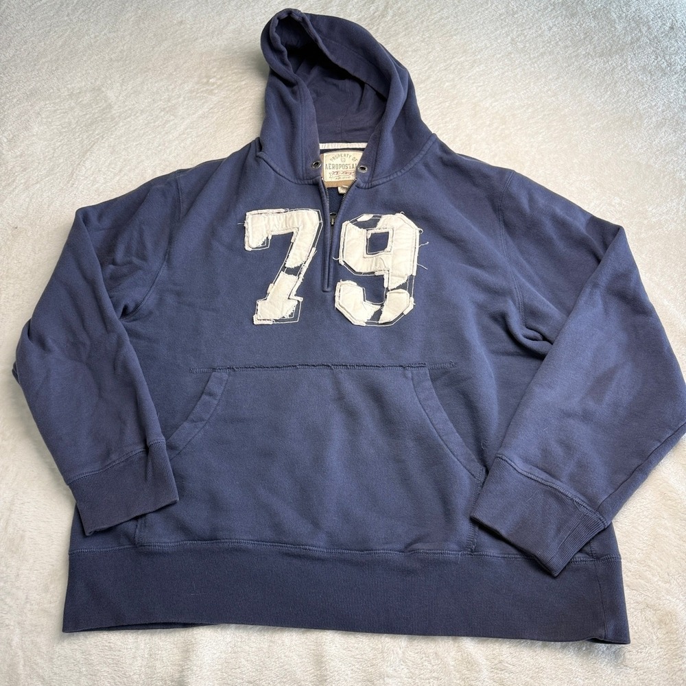 Aeropostale 79 Pullover Hoodie Blue Men's XXL Y2K Distressed Applique Casual